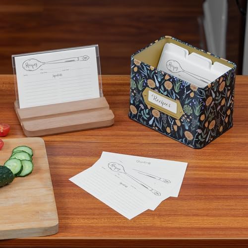 Cabbrix Recipe Box with 50 Cards and 24 Dividers, 4x6 Recipe Card Box Set, Wooden Lid with Phone Holder and Recipe Holder, Beautiful Metal Recipe Organizer, Floral - Image 3