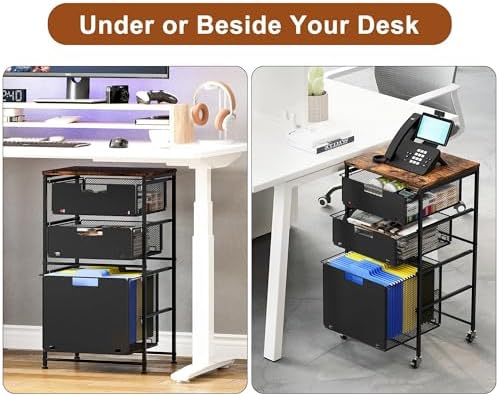EasyPAG Rolling Storage Cart with 3 Drawers, Under Desk File Cabinet on Lockable Wheels, Movable Letter Size Hanging File Folder Organizer with Wooden Printer Stand for Home Office, Black - Image 3