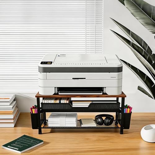 Printer Stand for Desk, Desktop Printer Shelf for Home Office, Brown - Image 4