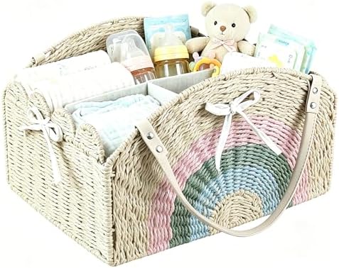 Large Baby Diaper Caddy, Paper Rope Storage Baskets Nursery Bin with Removable Divider, Portable Car Organizer for Diapers, Baby Shower Gifts, Newborn Essentials Must Haves (Light beige) by ZFTVNIE