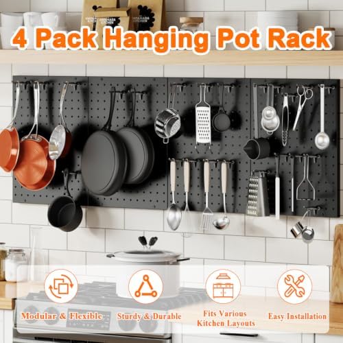 Hencawima Wall Mounted Peg board, 4 Pack Pot and Pan Organizer with 20 Hooks, Modular Kitchen Storage for Pots, Pans, Lids and Utensils, Easy Assembly - Image 3