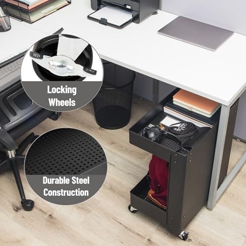 Mind Reader Under Desk Rolling Cart, 2-Tier Steel Utility Organizer, No Assembly Required, 12" L x 20" W x 23.5" H, Black - Image 5