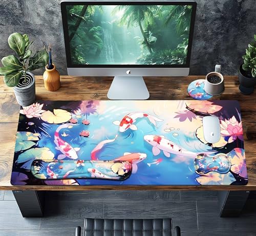4-Piece Extended Large Mouse Pad Set for Women Men with Colorful Koi Design Includes 35.4 x 15.7 XXL Large Mouse Pad Keyboard Wrist Rest Mouse Wrist Support and Coaster for Office Home - Image 2