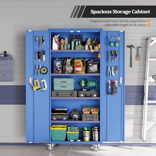 VINGLI 72'' Tall Metal Garage Storage Cabinet with Pegboards, Wheels, Locking Doors and Adjustable Shelves, File Cabinet/Tool Cabinet for Home Office/School (Blue, 32W x 16D x 72H) - Image 4