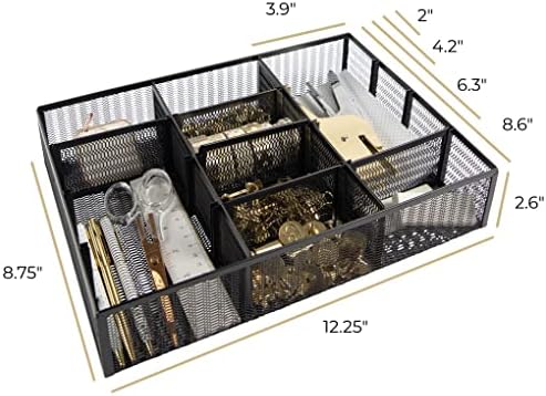 BLU MONACO | Black Metal Mesh Desk Drawer Organizer Tray | 12 Adjustable Compartments & 9 Removable Dividers | Space-Saving Office Supplies Organizer for Drawers, Vanity, Kitchen & Workspace Storage - Image 6