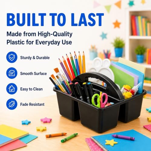 Haundry 6 Pack Black Classroom Caddy, 3-Compartment Plastic Supply Bins - Image 5