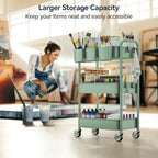 YASONIC 3-Tier Rolling Cart, Green, 66 Pounds Capacity, Mesh Storage Organizer with Lockable Wheels, 3 Hanging Cups, 4 Hooks, Easy Assembly, for Kitchen, Bathroom, Laundry, Grocery - Image 4