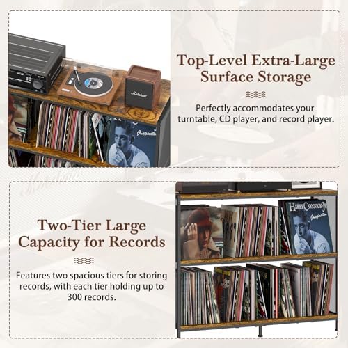 3-Tier Vinyl Record Storage: Vintage Player Table with Spacious Storage - Up to 450 Records, Turntable Stand with Adjustable Dividers, Extra Top Surface for Audio Equipment, Perfect for Living Room - Image 4