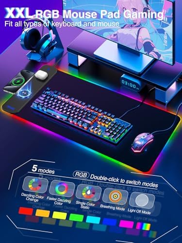 Magnetic Charging Mouse Pad 31.5x15.75, 15W Fast Wireless Charging Desk Mat, XXL Desk Pad RGB Gaming Mousepad, Home Office Large Keyboard Pad with Ultra-Smooth Surface, Non-Slip Base - Image 2