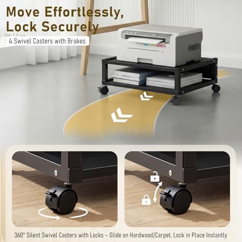 Zonon 2 Tier Printer Stand Under Desk with Wheels, Open Shelf Style, Black - Image 5