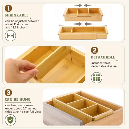 Yookeer 4 Pcs Expandable Drawer Organizer Adjustable Hanging Deep Drawer 11.4'' to 18.1'' Bamboo Wood Dividers Storage Tray for Desk Kitchen Bedroom Bathroom Office Supplies - Image 3