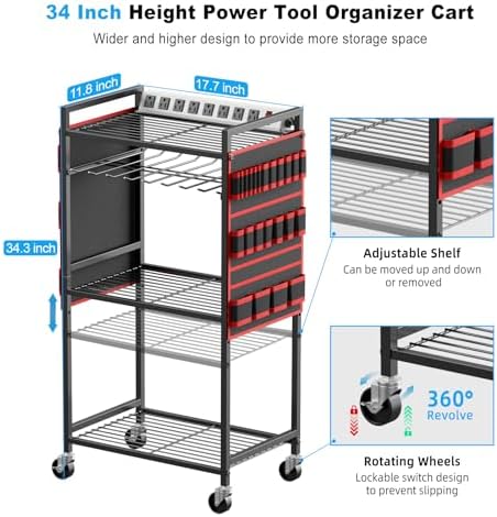 JUNNUJ Power Tool Organizer Cart with Charging Station, 10 FT Cord, Red - Image 5