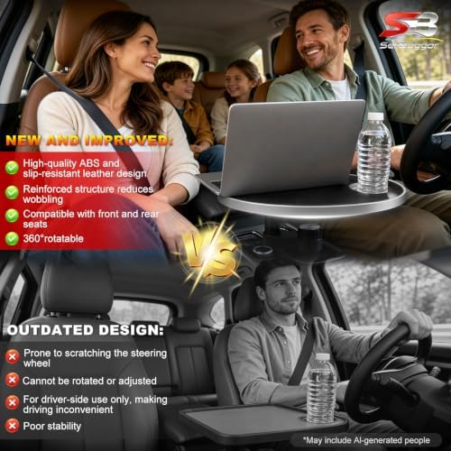 Car Desk for Laptop and Eating - 360°Rotating Cup Holder Table Tray -Black - Image 2