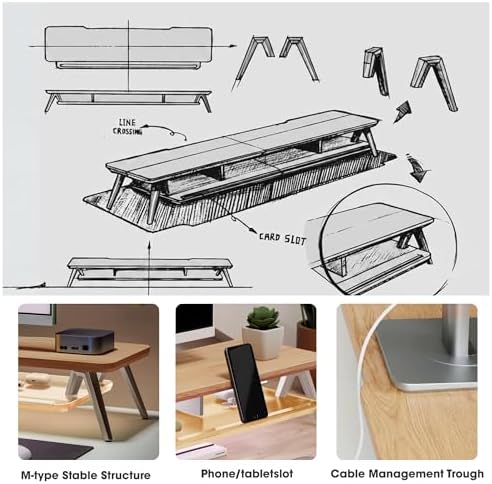 Fenge Dual Monitor Stand Riser with Phone & Tablet Slot, Dark Oak - Image 6