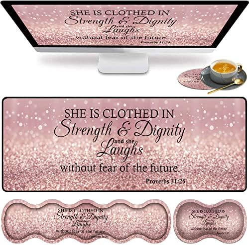 Large Gaming Mouse Pad, Keyboard Wrist Rest pad + Mouse Wrist pad + Coaster Set Extended Waterproof Non-Slip Table mat Suitable for Home Office Learning Games - Bible Verses Proverbs 31:25 by HTTYYTRYT