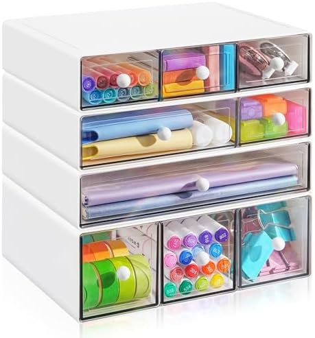 Desk Organizer with 9 Drawers, 4 Tiers Stackable Storage Drawers, Desktop Storage Box with Clear Drawers for Stationery, Makeup, Jewelry, Office and Craft Supplies (White) by Unknown