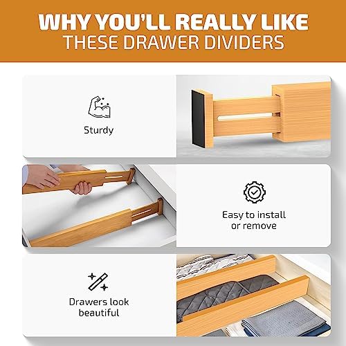 4-Pack Bamboo Drawer Dividers - 2.6 Inches High, Adjustable 12 to 17 Inches Expandable Drawer Organizer Dresser Separator for Clothes, Utensils, Bedroom, Bathroom, Kitchen, Office Storage Organization - Image 6
