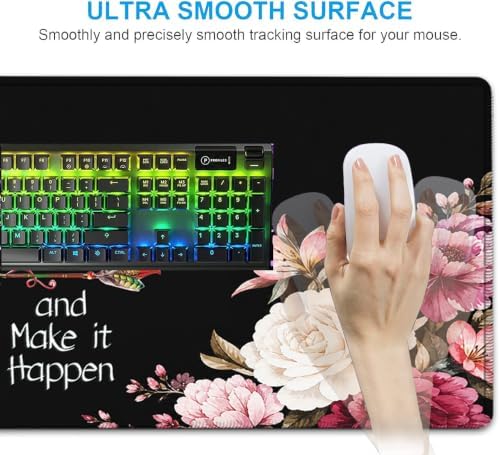 Large Mouse Pad with Wrist Support Set,Memory Foam Keyboard Wrist Rest +XXL Extended Gaming Mouse Pad + Ergonomic Mouse Wrist Pad,Peony Flower Inspirational Quotes Office Black Desk Pad for Women Men - Image 3
