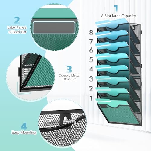 Gawerk 8-Tier Wall File Organizer Hanging Wall File Holder Wall Mount Paper Folder Organize, Mesh Magazine Document Mail Organizer Wall Organizer for Office School Home, Black - Image 3