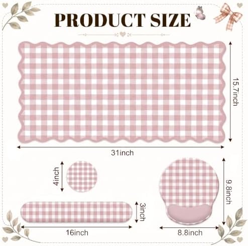 Pink Gingham Scalloped Desk Mat Set, Mouse Pad with Gel Wrist Rest,Ergonomic Keyboard Wrist Support for Women Non-Slip Desk Pad Home Office Decor - Image 6