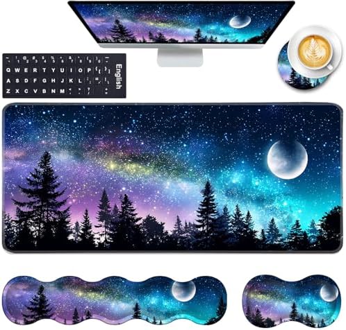 Keyboard Wrist Rest and Mouse Pad with Wrist Support Set Ergonomic Coaster,Memory Foam,Easy Typing Pain Relief,Large XL Desk Mat 31.5"x 11.8",Forest Moon by CICPLKSE