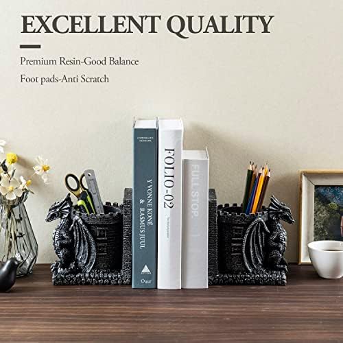 MyGift Gothic Dragon Bookends with Castle Pencil Cup, Black Resin, 1 Pair - Image 3