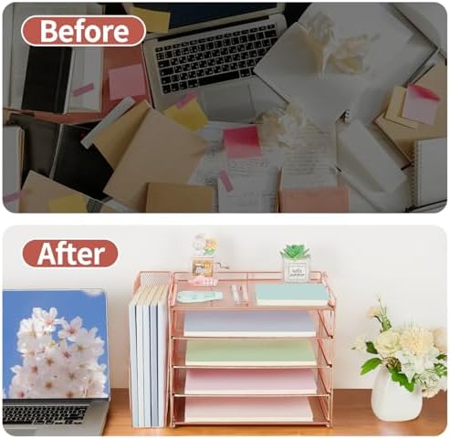 AUPSEN Rose Gold Desk Organizers and Accessories, 5-Tier Desktop Paper File Organizer with Removable File Holder, Desk Accessories & Workspace Organization for Home Office Supplies (Rose Gold) - Image 3