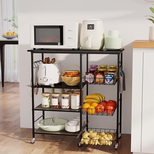 HapiRm Rolling Kitchen Microwave Cart - 4 Tier Microwave Table Stand with Pull-Out Baskets, Coffee Bar Baker's Rack with Wheels Rolling Storage Cart Organizer Shelf for Living Room Office, Balcony by HapiRm