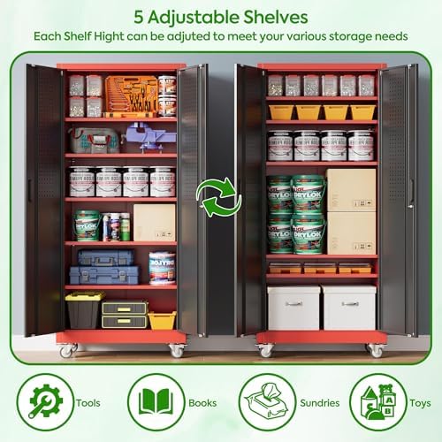 Aobabo Metal Garage Storage Cabinets with Wheels,Steel Cabinets with 5 Adjustable Shelves for Garage Home Office Storage, Red-Black,Assembly Required - Image 6