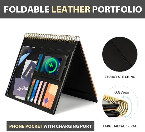 Ospelelf Clipboard with Storage for Men Women, Leather Padfolio Portfolio Organizer 5 Folders with 10 Pockets, Spiral Clipboard Folio with Notepad for Letter Size, Elastic Closure and Pen Loop Black - Image 5