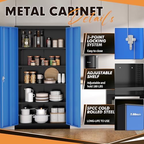 INTERGREAT Metal Storage Cabinet with Doors, 72" Locking Steel Storage Cabinet with Shelves, Tall Metal Cabinet Lockable Steel Cabinets for Home Office, Garage,(Black+Blue) - Image 5