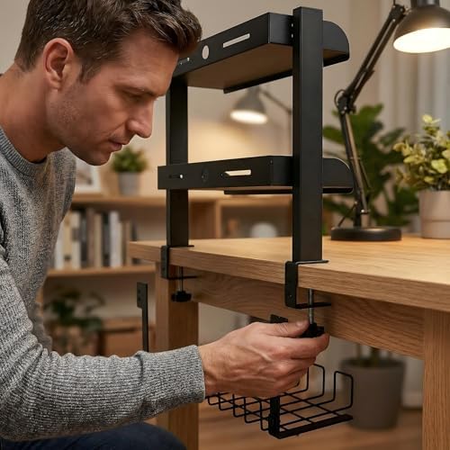 Clamp On Desk Shelf, 17'' 2-Tier Desktop Organizer Shelf with Under-Desk Hidden Storage Basket, Heavy-Duty Desk Shelves for Top of Desk, Space-Saving Desk Storage for Home Office Gaming Setup (Black) - Image 6
