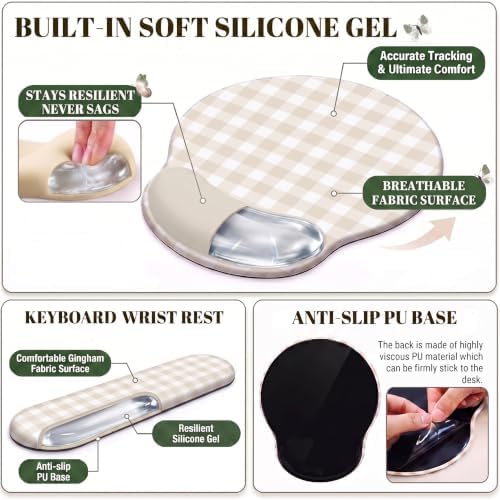 Beige Gingham Scalloped Desk Mat Set, Mouse Pad with Gel Wrist Rest,Ergonomic Keyboard Wrist Support for Women Non-Slip Desk Pad Home Office Decor - Image 5