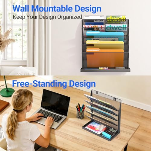 Legal/Letter Size Hanging Wall File Organizer Desktop Self Standing File Organizer,6-Tier Wall Mount Paper Document Folder Holder,Metal Mesh Magazine Rack for Office Home, Black ﻿ - Image 3