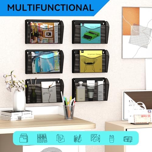 6 Single Pocket Wall File Holder, Mesh Hanging File Folder Paper Organizer, Vertical Wall Mounted Mail Basket, Storage Organization Magazine Rack for Office, Home and School, Black - Image 6