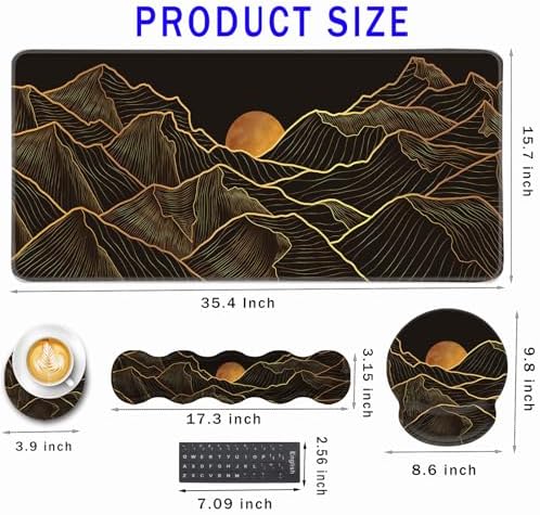 Mouse Pad,Large Pink Desk Mat, 4in1 XXL Mousepad + Keyboard Wrist Rest+Mouse Wrist Rest+Coaster Set with Ergonomic Desk Pad for Home Office Table Computer-Golden Mountain Line Moon Landscape - Image 2