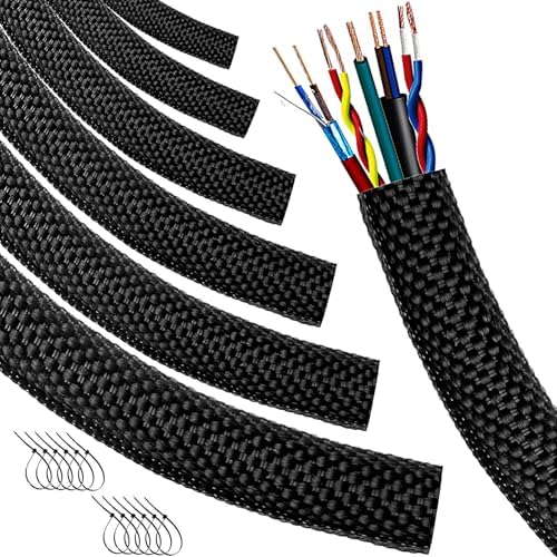 Automotive Wire Loom High Temperature Braided Wire Loom, Split-Sleeve Heat Resistant Wiring Loom Cord Cover for Harness Wires, Self-Wrapping Heavy Duty Sheathing Cable Management Black（20ft-1inch ） by MTJSWXSY