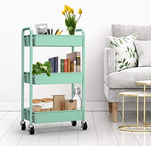 CAXXA 3-Tier Rolling Metal Storage Organizer - Mobile Utility Cart, Kitchen Cart with Caster Wheels (Aqua Green) - Image 4