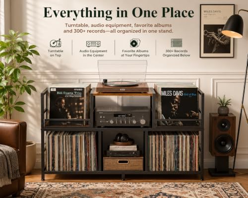 Record Player Stand with Dual Display Bins Storage for 300+ Vinyl Records - Image 4