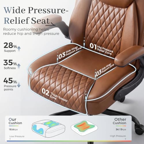 GTPOFFICE Executive Office Chair with Comfortable Lumbar Support, Ergonomic Gaming Chair with Flip-up Armrests & Zoned Pressure-Relief Cushion, Comfy PU Leather Desk Chair, Brown - Image 4