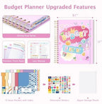 Ospelelf Oversized Budget Planner and Monthly Bill Organizer, Spiral Bindding Money Expense Tracker with Pockets & Stickers, 9" X 11" Large Pages for Spacious Writing, Original Fun Colorful Design, 12 Month Financial Notebook Pink - Image 2