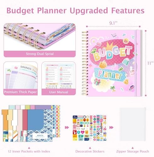 Ospelelf Oversized Budget Planner and Monthly Bill Organizer, Spiral Bindding Money Expense Tracker with Pockets & Stickers, 9" X 11" Large Pages for Spacious Writing, Original Fun Colorful Design, 12 Month Financial Notebook Pink - Image 2