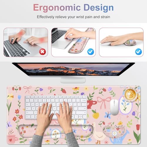 Large Gaming Mouse Pad Set, Adorable Style 4 in1 Ergonomics Keyboard Desk Mat with Memory Foam Wrist Rest, Extended Game Mousepad, Non-Slip Desk Pad Matt Easy Typing Pain Relief I Pink Girly - Image 5