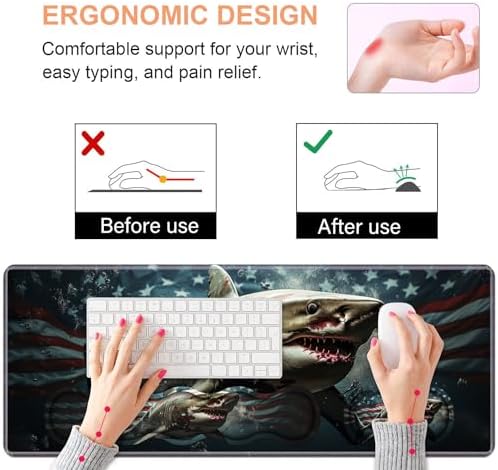 Ergonomic Keyboard Wrist Rest & Mouse Pad Wrist Rest Set, Large XXL Gaming Desk Mat 31.5"x 11.8" with Non-Slip Base, Memory Foam, Easy Typing Pain Relief for Home & Office, American Flag Shark - Image 5