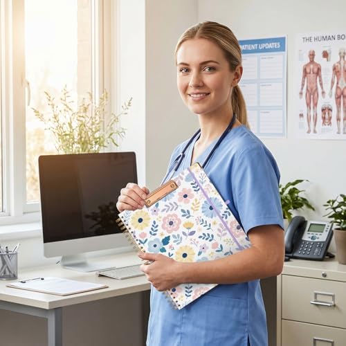 Ospelelf Clipboard with Storage 8.5 X 11，Padfolio Organizer, Spiral Portfolio Letter Size with Notepad, Pen Holder, 5 Extra Folder Divider Pages, Elastic Closure Nurse Office Essentials Daisy - Image 6