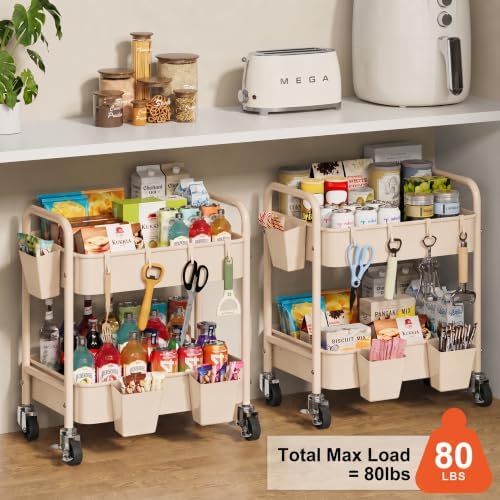 2 Tier Small Rolling Cart Metal with Wheels, 22 Inch Beige Under Desk Carts - Image 3
