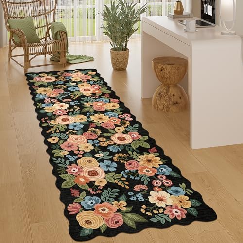 DUKINO 2x6 Runner Rug, Floral Washable Rug for Kitchen Non Slip, Black - Image 3