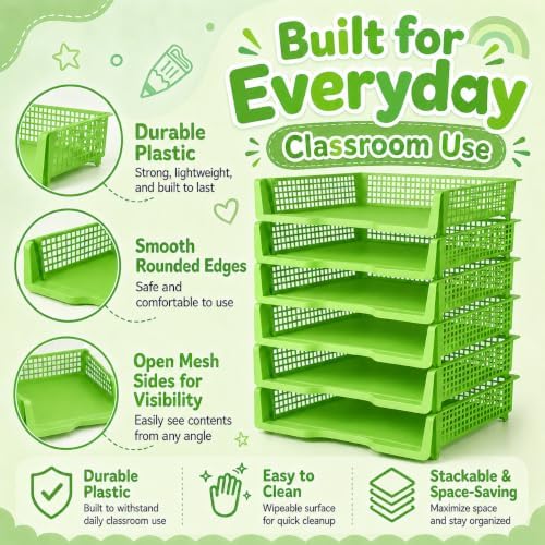 6 Pcs Green Turn in Trays Classroom, Stackable Paper Bins for Classroom, 13x9x2.8 inch Plastic Baskets Desktop Organization System Office (Green) - Image 3