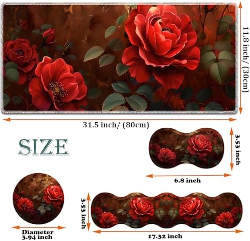 Large Gaming Mouse Pad + Keyboard Wrist Rest + Wrist Support + Coaster Set, Memory Foam Ergonomic for Easy Typing, XXL Extended Gaming Mouse Pad Table Pad - Red Rose - Image 6