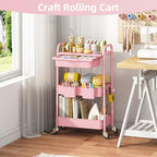 KINGRACK 3 Tier Metal Rolling Cart with Drawer, Pink Utility Storage Cart - Image 7